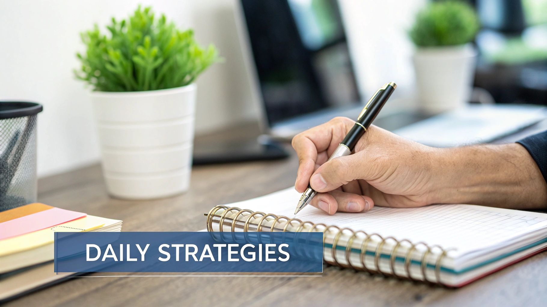 A person's hand writes in a spiral notebook with a pen on a wooden office desk, next to a potted plant.