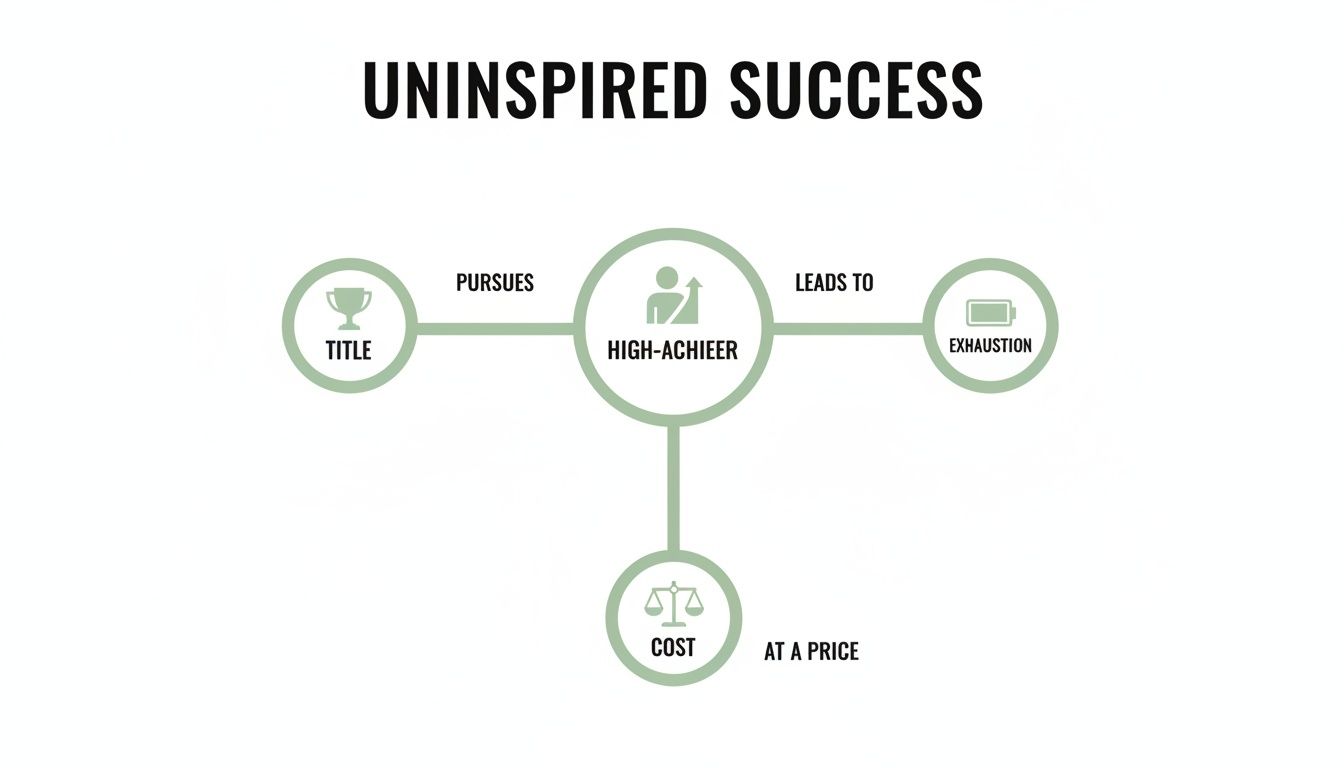 A diagram illustrating uninspired success, showing a high-achiever pursuing titles, leading to exhaustion and a cost. A diagram illustrating uninspired success, showing a high-achiever pursuing titles, leading to exhaustion and a cost.