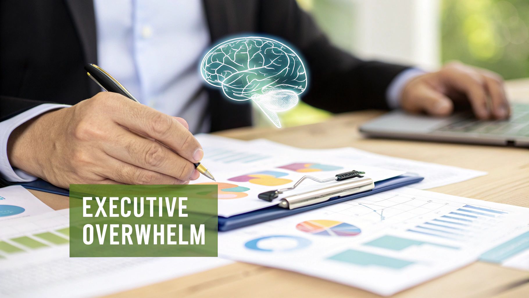 A business person at a desk writing on financial charts, with a glowing brain overlay and 'EXECUTIVE OVERWHELM' text. A business person at a desk writing on financial charts, with a glowing brain overlay and 'EXECUTIVE OVERWHELM' text.
