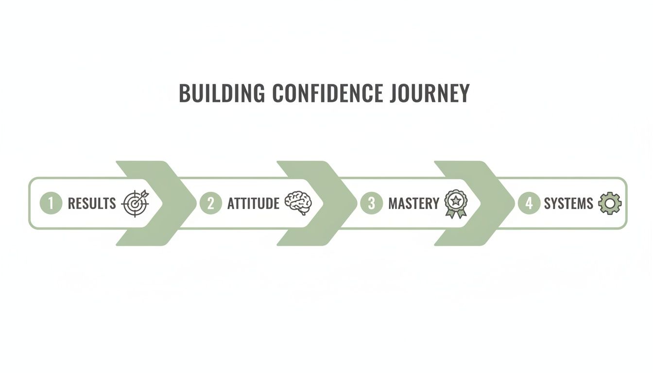 A diagram illustrating the 'Building Confidence Journey' through four sequential steps: Results, Attitude, Mastery, and Systems. A diagram illustrating the 'Building Confidence Journey' through four sequential steps: Results, Attitude, Mastery, and Systems.