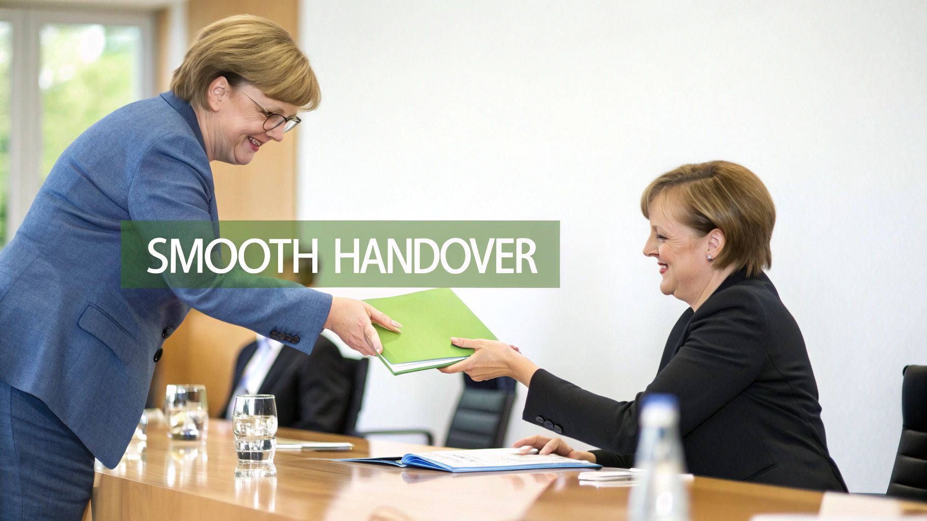 Two women, one smiling and handing a green folder to another, signifying a smooth handover. Two women, one smiling and handing a green folder to another, signifying a smooth handover.