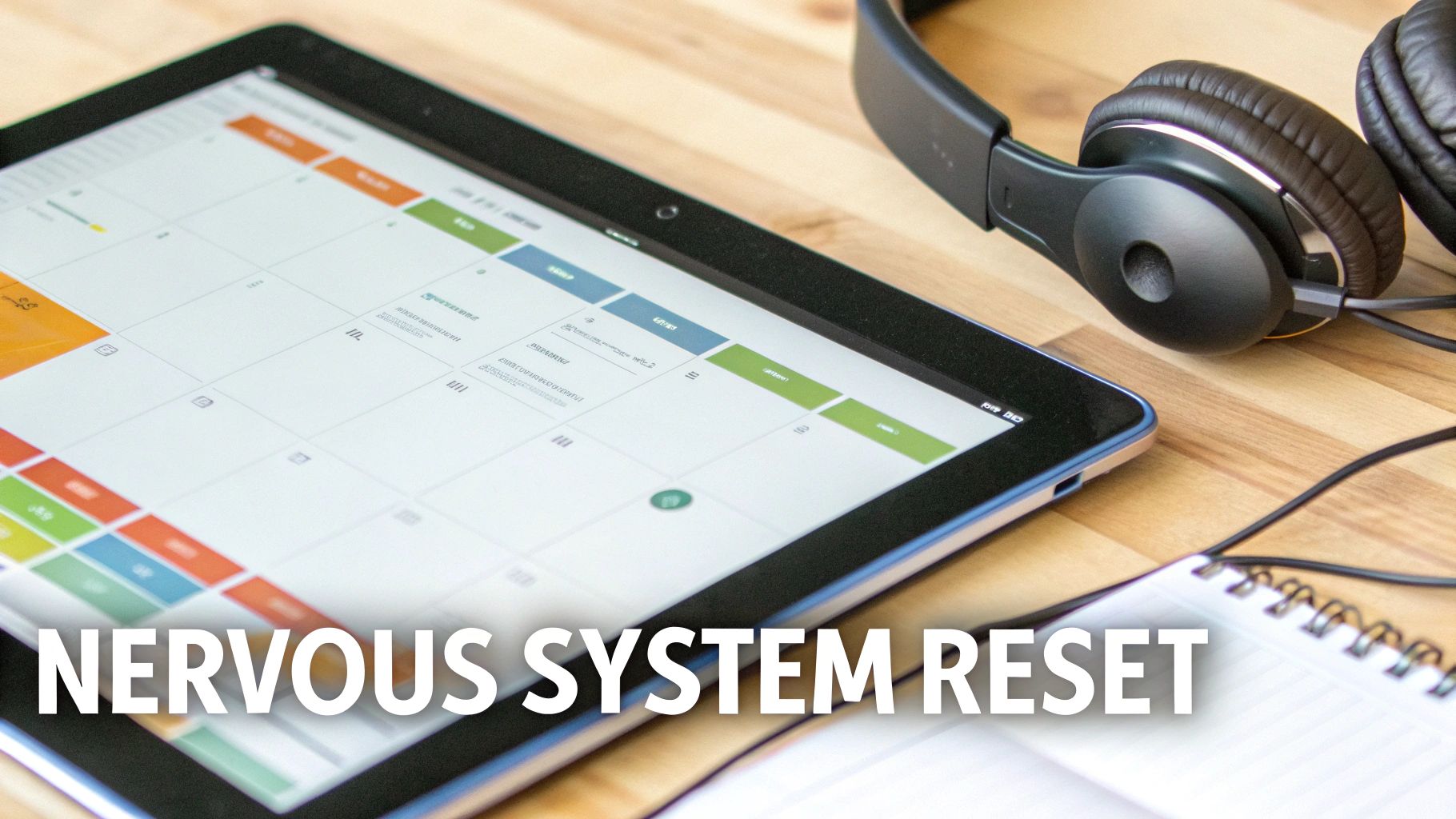 A modern workspace with a tablet displaying a calendar, headphones, and a notepad on a wooden desk. A modern workspace with a tablet displaying a calendar, headphones, and a notepad on a wooden desk.