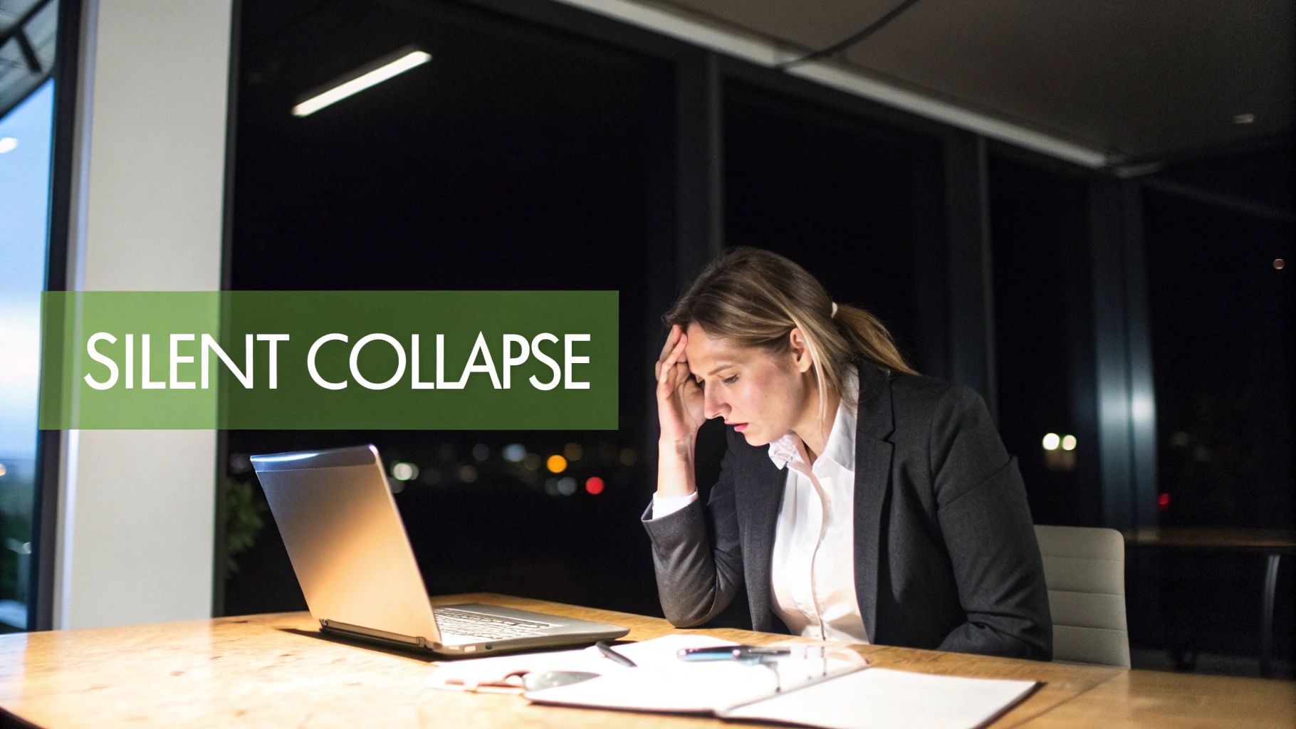 A distressed woman, hand on head, looks at a laptop in a dark office at night, text reads "SILENT COLLAPSE". A distressed woman, hand on head, looks at a laptop in a dark office at night, text reads "SILENT COLLAPSE".