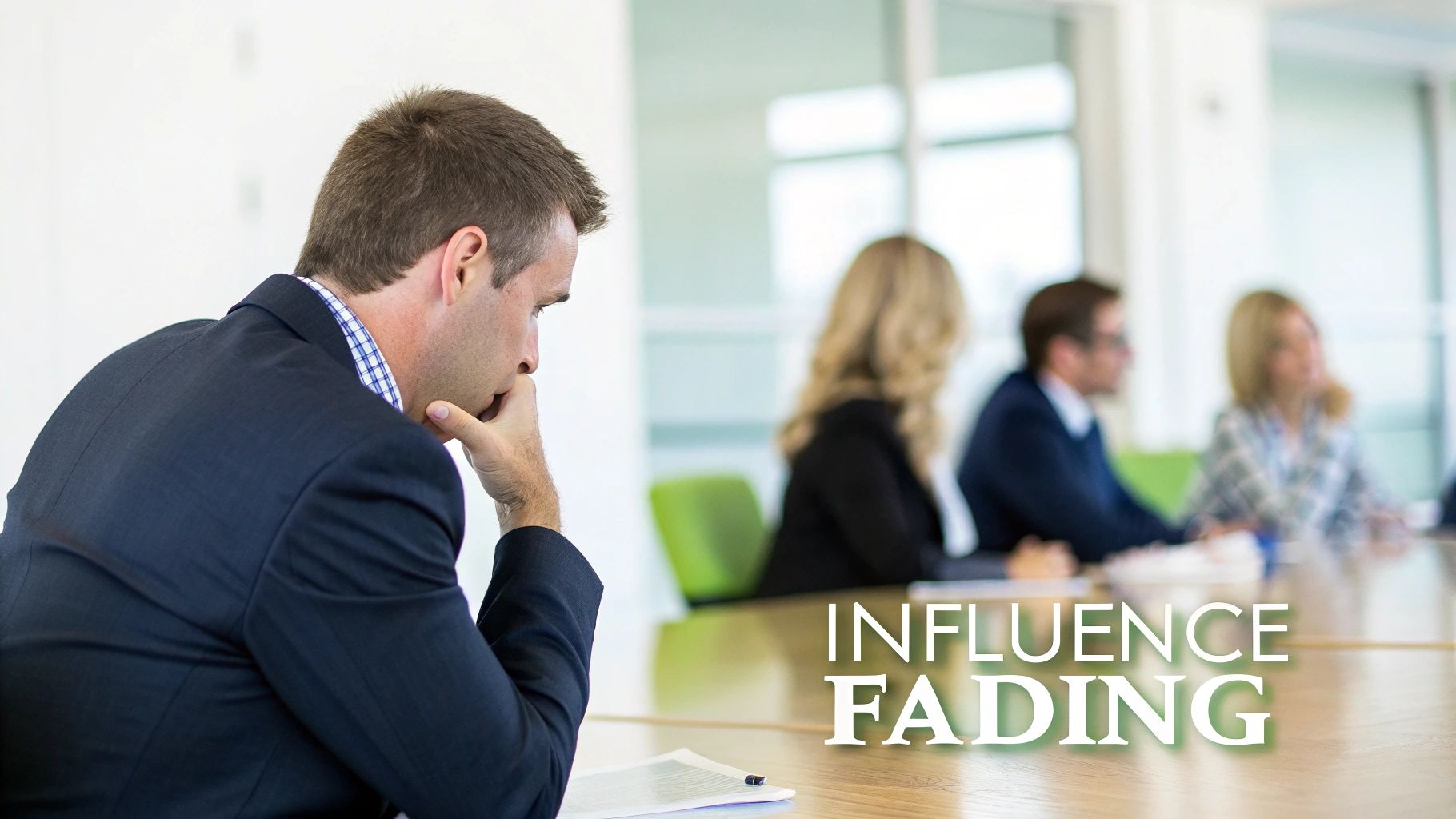 A pensive man in a suit at a conference table with blurred colleagues, text reads "Influence Fading". A pensive man in a suit at a conference table with blurred colleagues, text reads "Influence Fading".