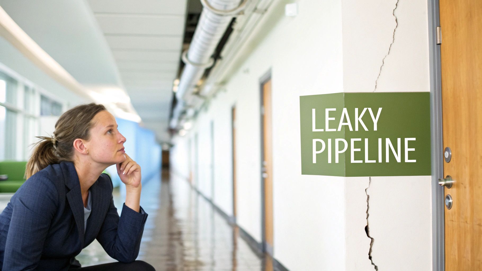 Thoughtful businesswoman in a long hallway looking at a 'LEAKY PIPELINE' sign. Thoughtful businesswoman in a long hallway looking at a 'LEAKY PIPELINE' sign.