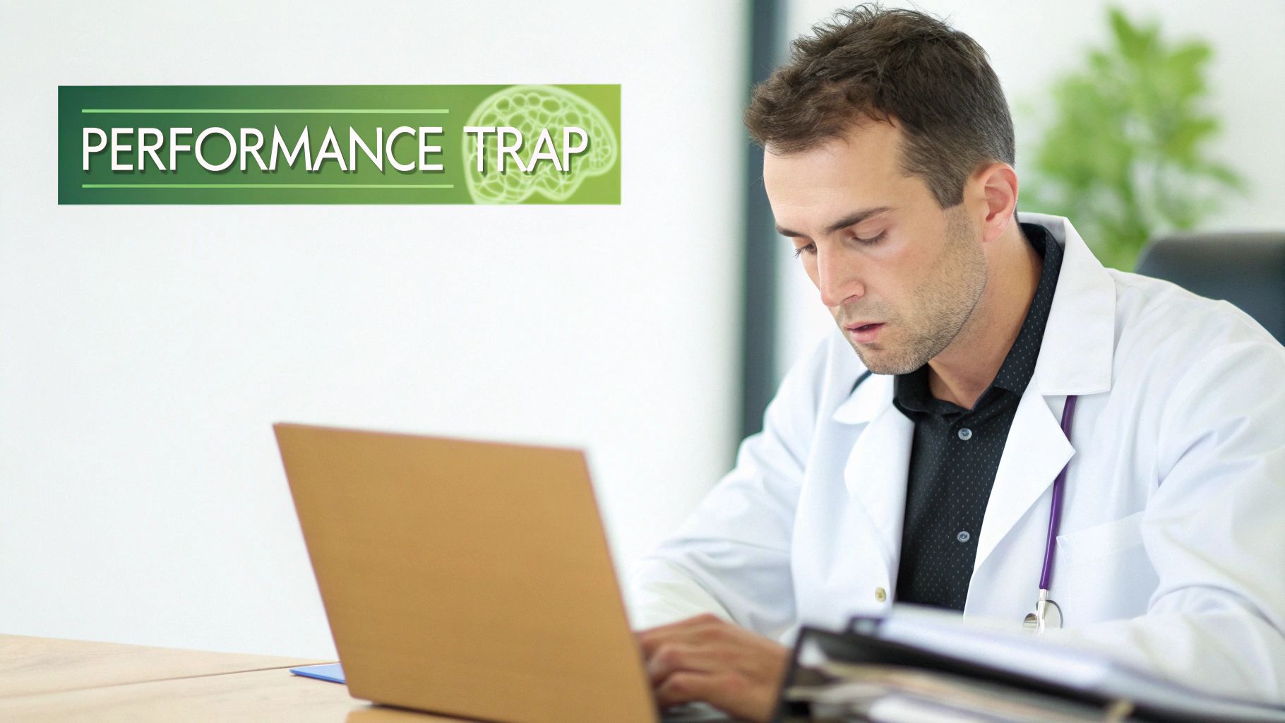 A focused man in a white lab coat typing on a laptop, under a 'PERFORMANCE TRAP' banner. A focused man in a white lab coat typing on a laptop, under a 'PERFORMANCE TRAP' banner.