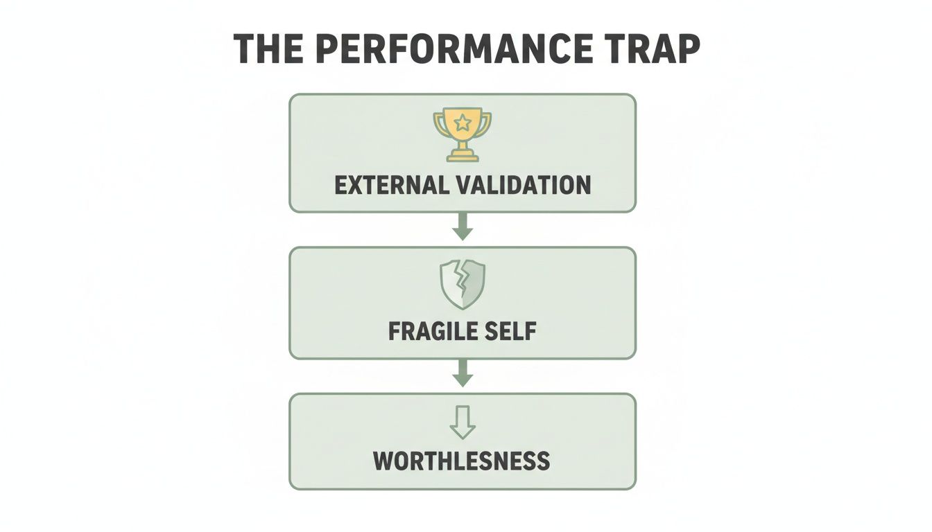 A flowchart titled 'The Performance Trap' showing external validation leading to a fragile self, then worthlessness.