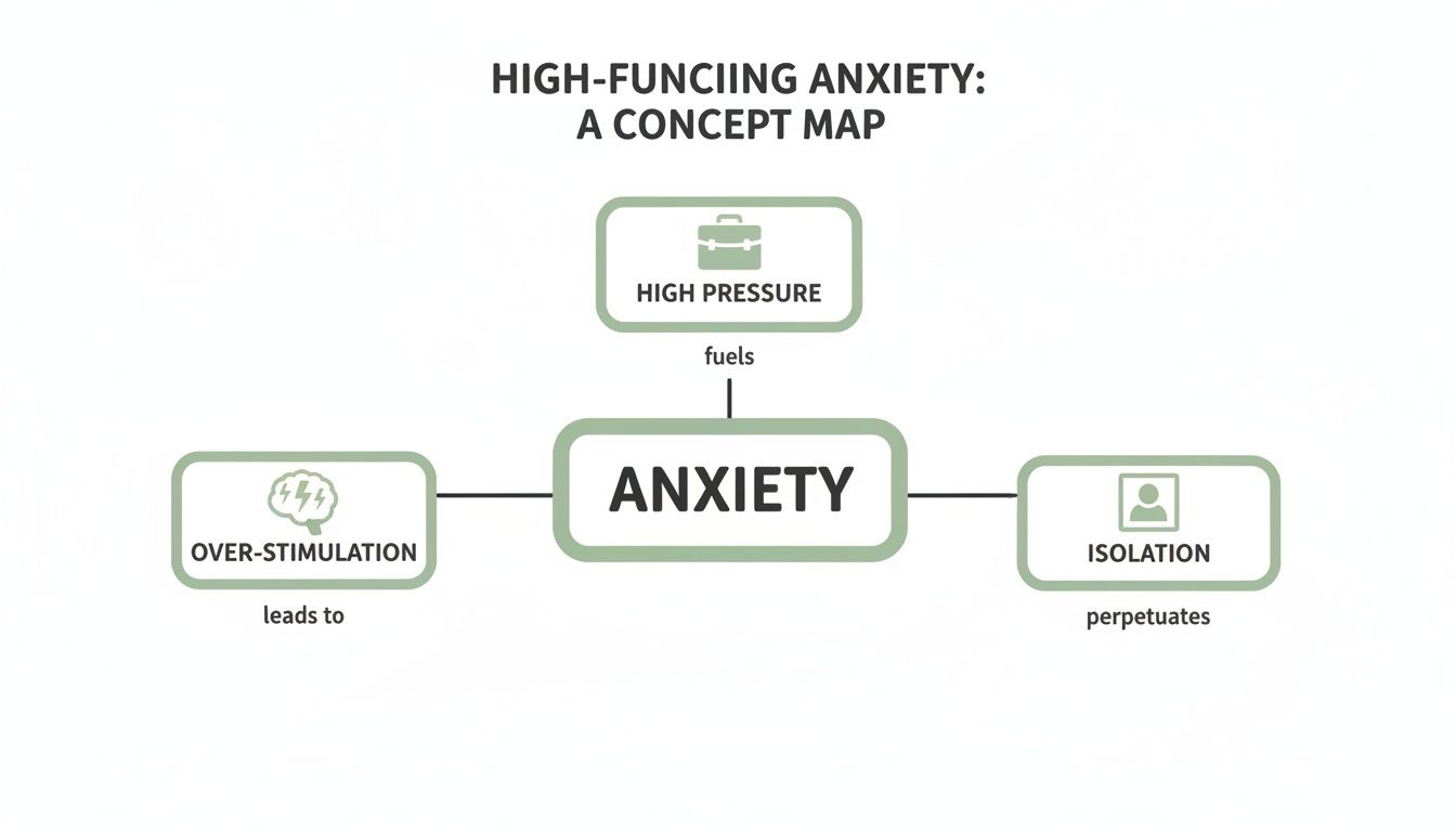Concept map illustrating how high pressure, over-stimulation, and isolation relate to high-functioning anxiety.