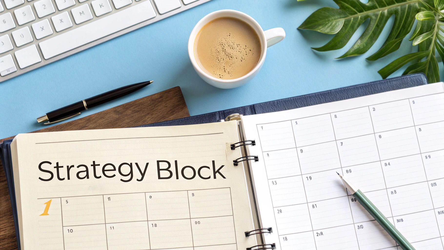 Overhead shot of a desk with an open planner showing 'Strategy Block' on a calendar page, coffee, keyboard, and pen. Overhead shot of a desk with an open planner showing 'Strategy Block' on a calendar page, coffee, keyboard, and pen.
