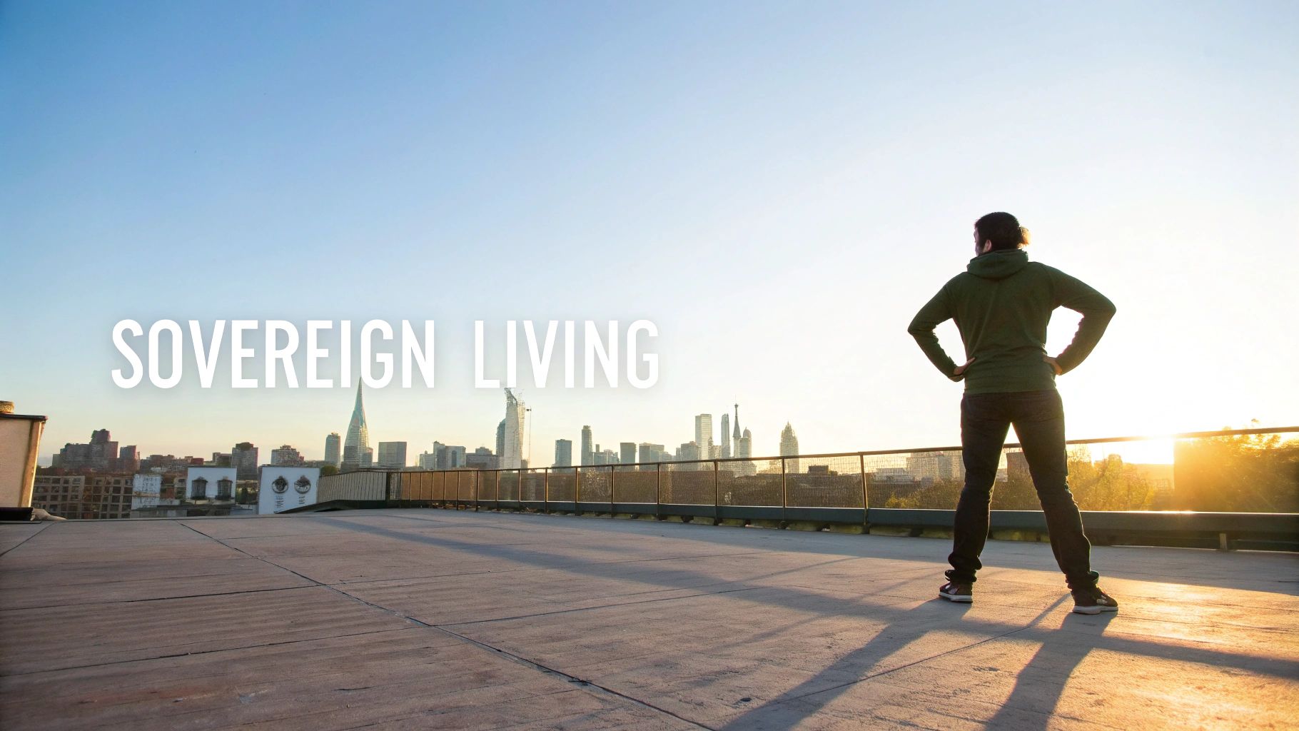 An executive woman stands confidently, looking out over a city, symbolizing her newfound nervous system sovereignty and clear-minded leadership.