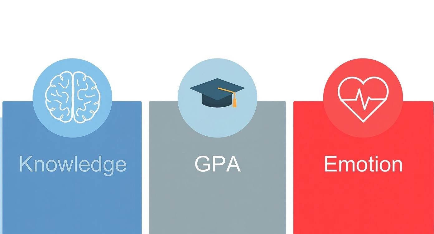Infographic showing that head-based decisions are linked to higher general knowledge and GPAs, while heart-based choices correlate with emotional intelligence.
