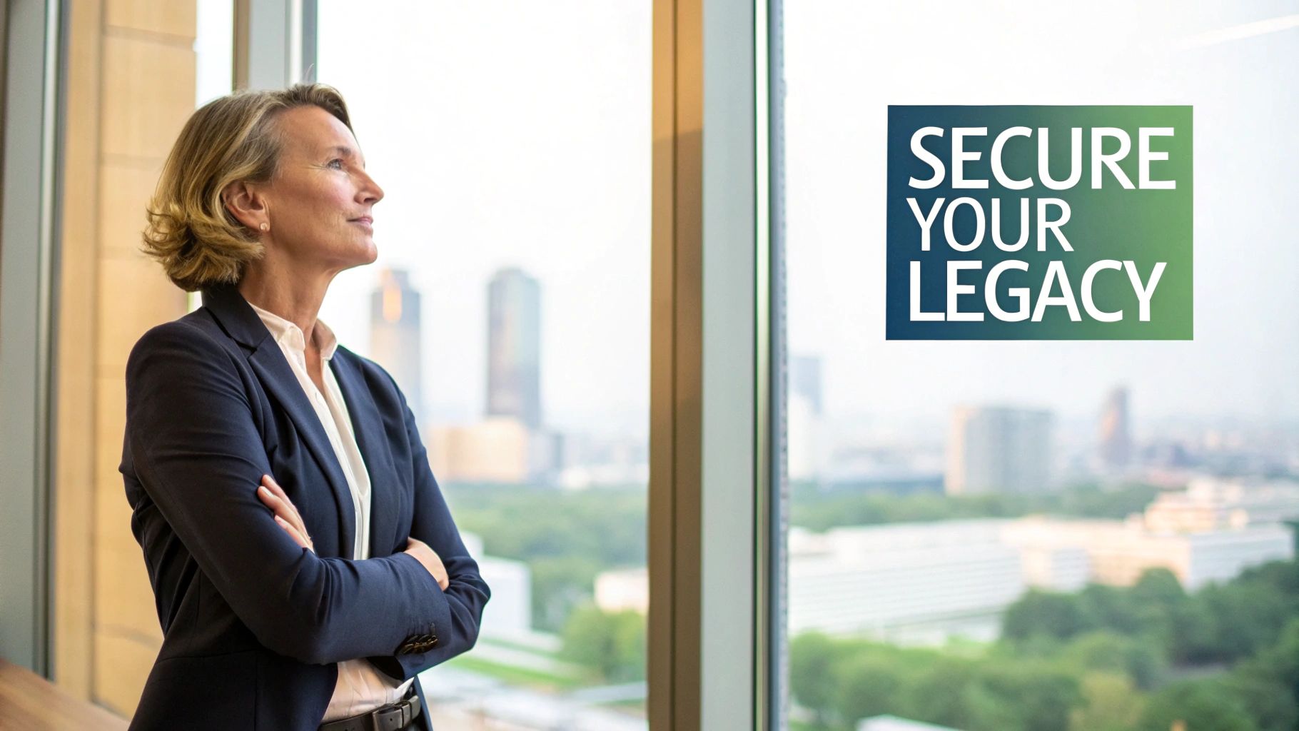 Professional woman in a suit gazes thoughtfully at a city view, with a 'SECURE YOUR LEGACY' message. Professional woman in a suit gazes thoughtfully at a city view, with a 'SECURE YOUR LEGACY' message.