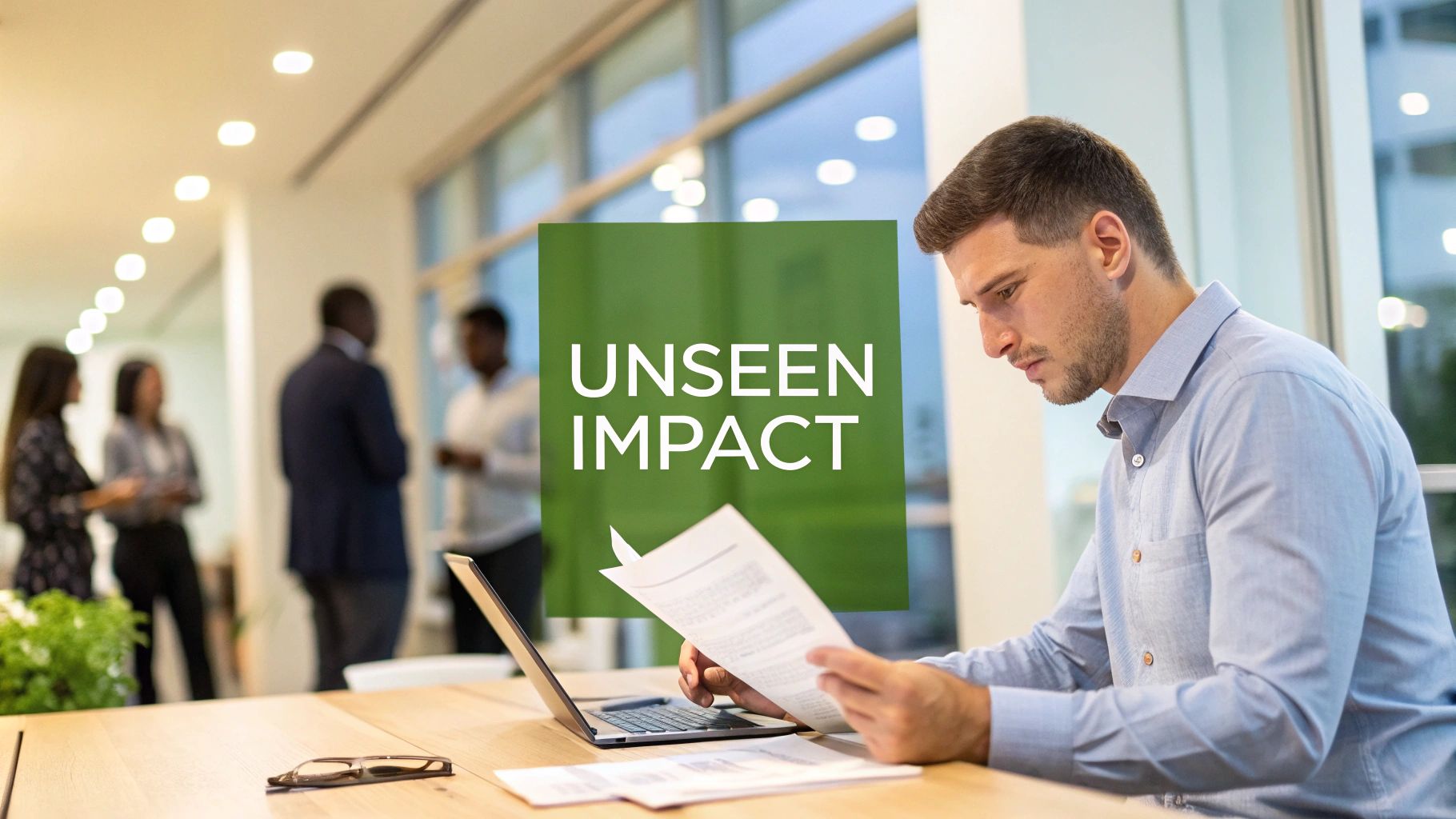 Professional businessman reviewing documents at desk with unseen impact text overlay in modern office Professional businessman reviewing documents at desk with unseen impact text overlay in modern office