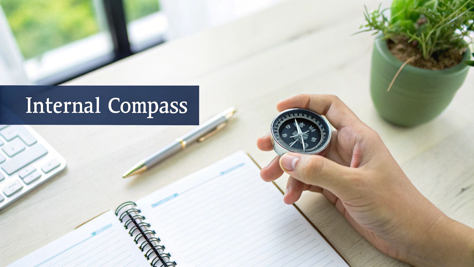 A person's hand holds a compass over a notebook on a desk, with text 'Internal Compass'.
