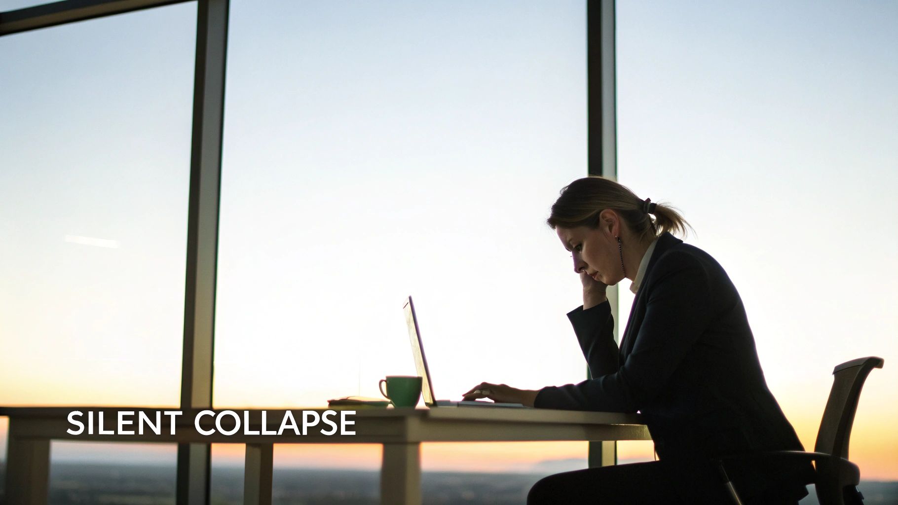 A pensive businesswoman works on a laptop, silhouetted against a bright window at sunset. A pensive businesswoman works on a laptop, silhouetted against a bright window at sunset.