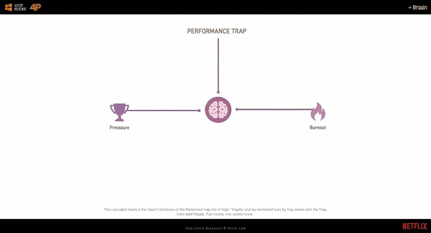 A diagram titled 'Performance Trap' showing a brain icon connected to 'Pressure' (trophy) and 'Burnout' (flame).