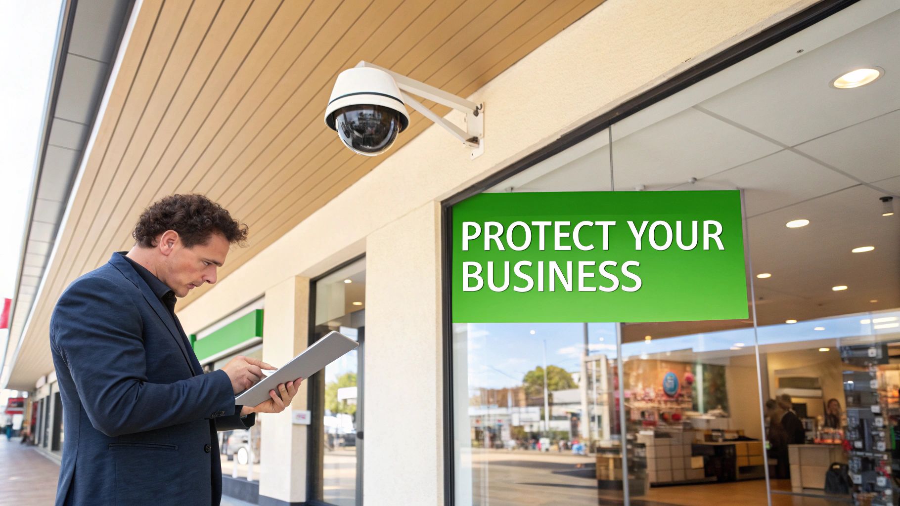 Man using tablet near store with security camera and 'PROTECT YOUR BUSINESS' sign.