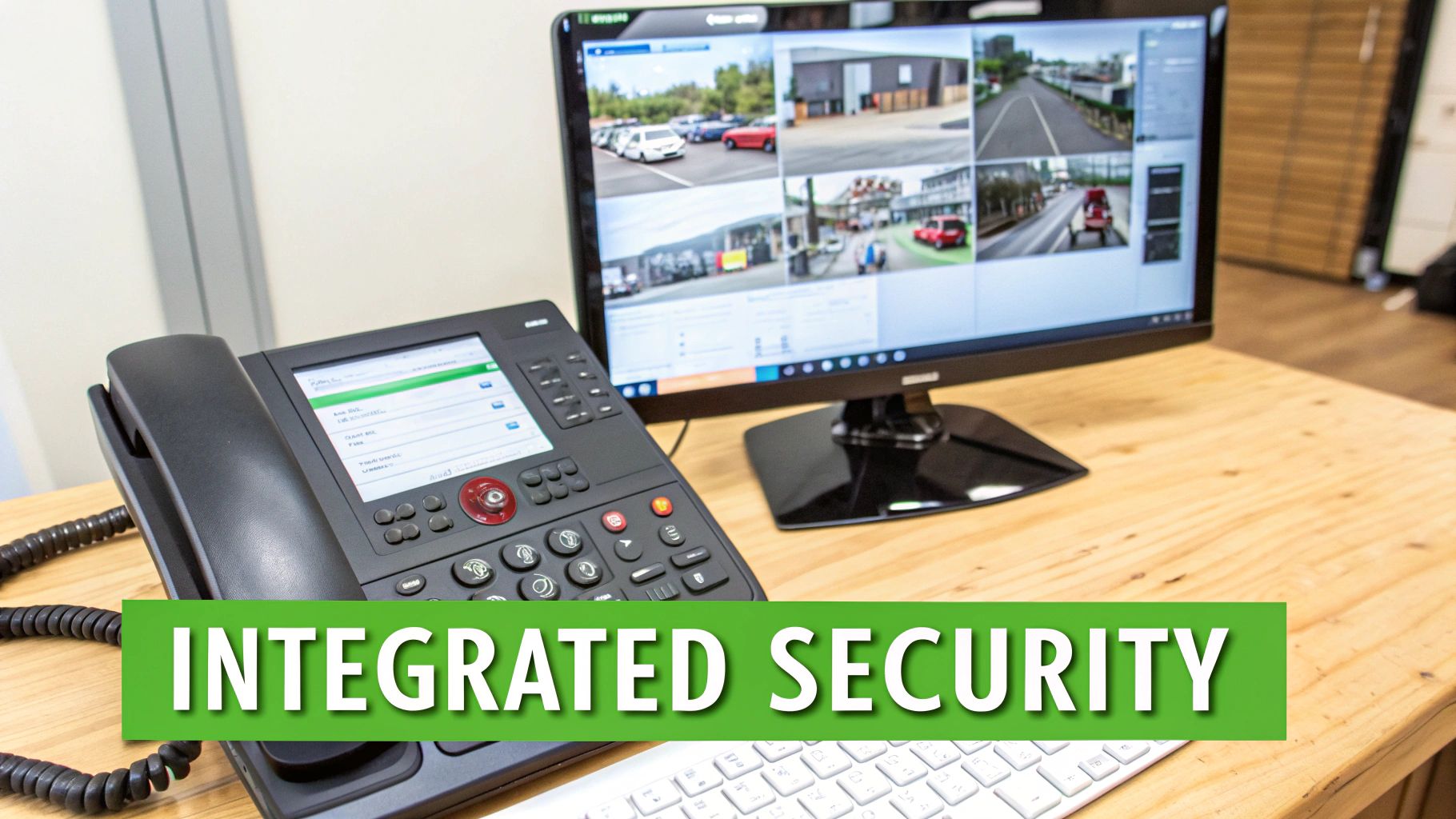 A desk with a business phone and a monitor showing multiple security camera feeds for integrated security.