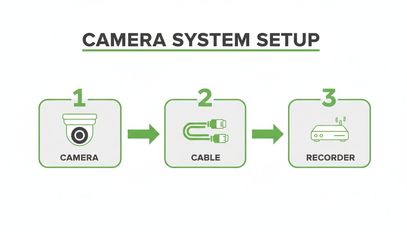 Diagram illustrating a three-step camera system setup, connecting a camera with cables to a recorder.