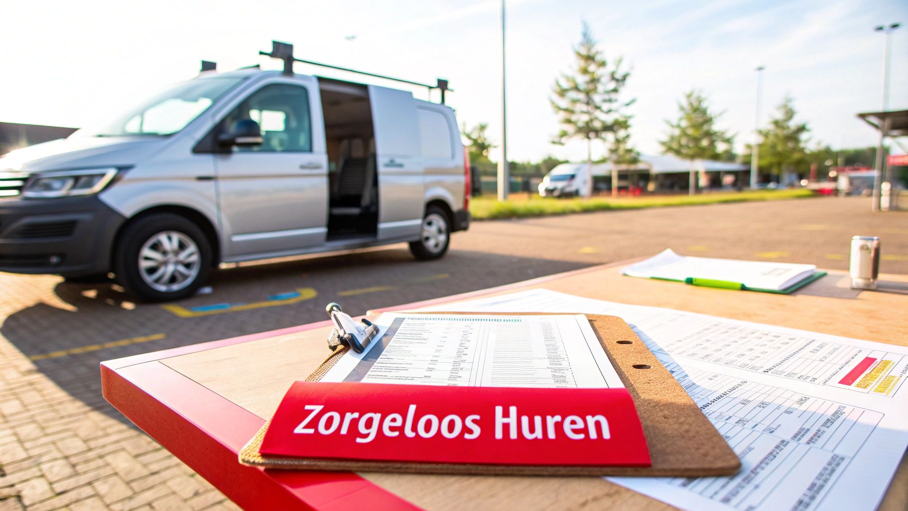 Papierwerk en een 'Zorgeloos Huren' banner op tafel, met een zilveren huurbus op de achtergrond.