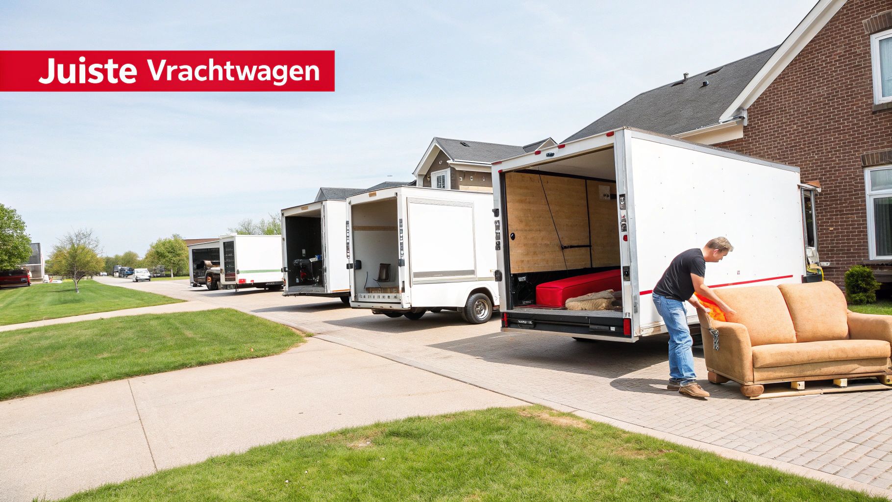Een man laadt een bank in een witte verhuiswagen op een woonstraat, met meer vrachtwagens geparkeerd.