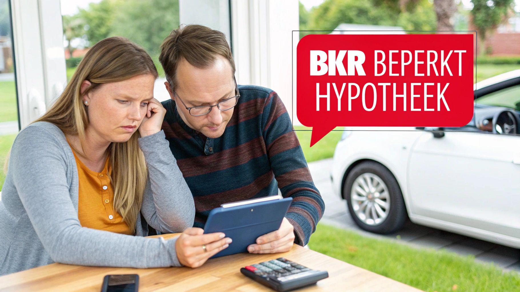 Bezorgd stel kijkt naar tablet met rekenmachine; 'BKR BEPERKT HYPOTHEEK' in rode spraakwolk.