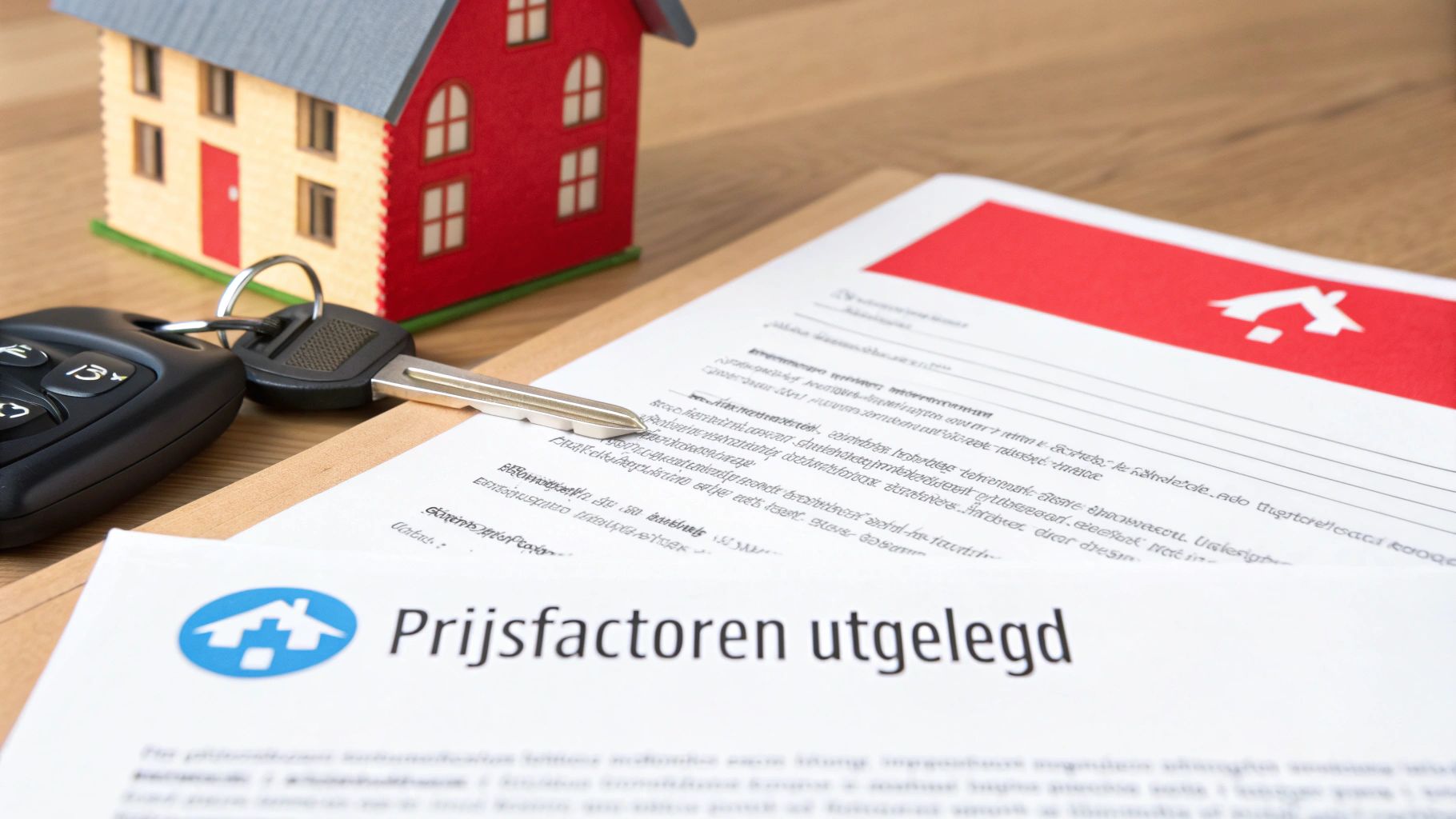 Modelhuis, autosleutels en documenten over huurprijzen en woninggerelateerde factoren op een houten tafel.