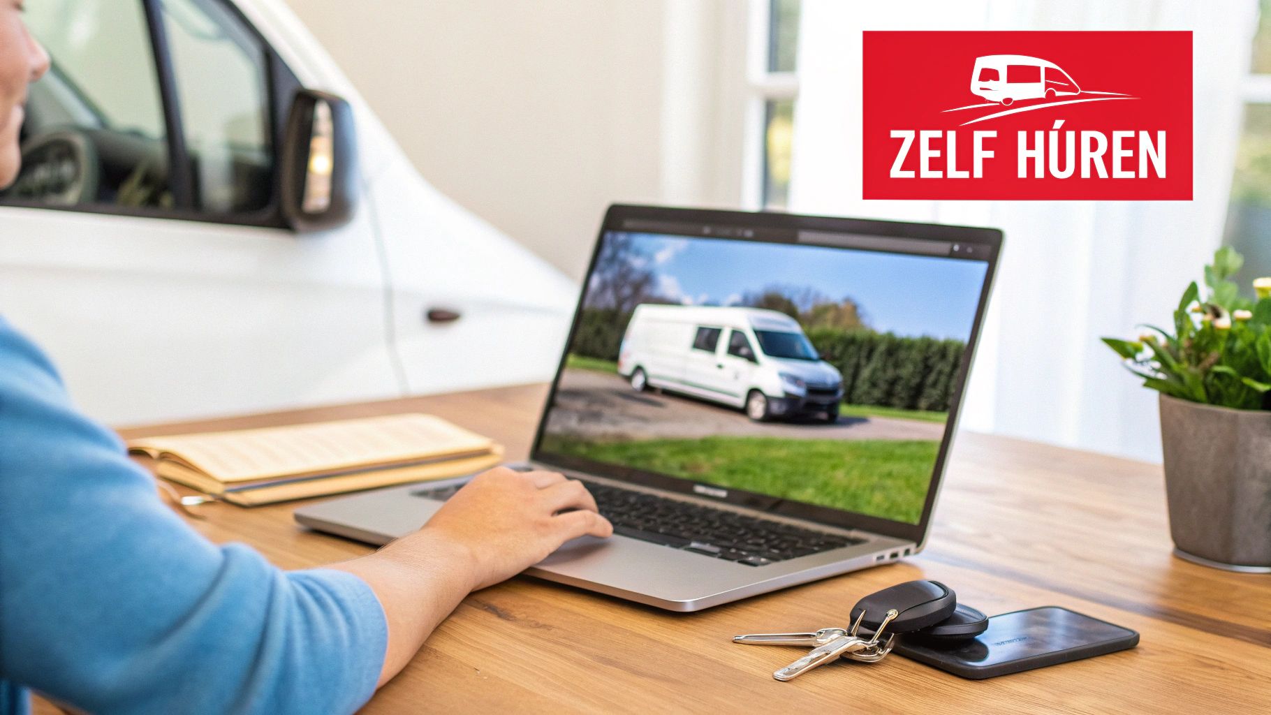 Persoon bekijkt een witte bestelwagen op laptop, met autosleutels en een logo 'Zelf Huren'.