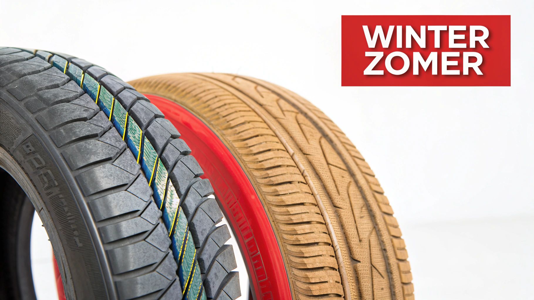 Close-up van twee verschillende autobanden, waaronder winter- en zomerbanden, met rode tekst 'WINTER ZOMER'.