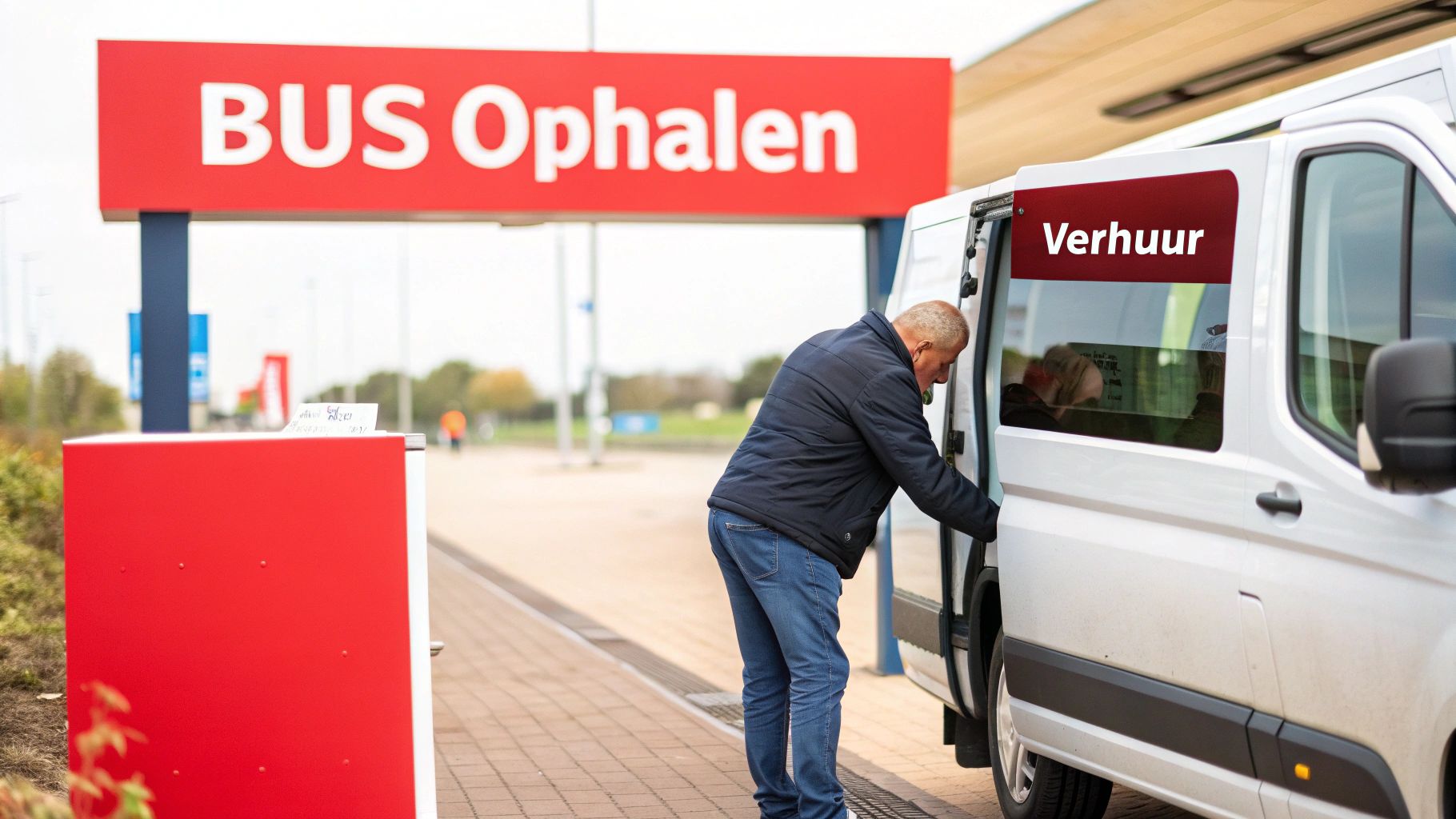 Man stapt in een witte huurbus bij een ophaalpunt met een rood bord 'BUS Ophalen'.