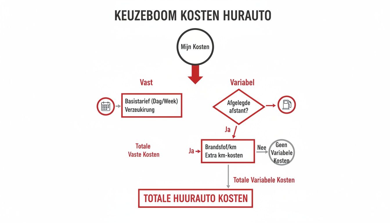 Beslisboom voor autoverhuurkosten, met vaste en variabele kosten zoals basistarief, verzekering en brandstof.