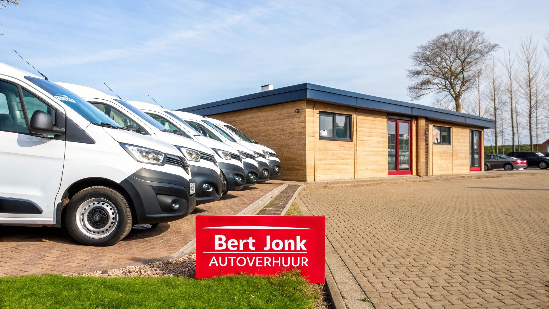 Een rij witte bestelwagens geparkeerd voor het houten kantoorgebouw van Bert Jonk Autoverhuur.