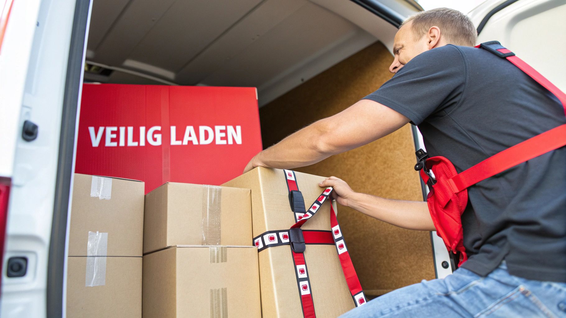 Man laadt dozen in een bestelwagen en gebruikt een rood harnas en spanband om ze vast te zetten.