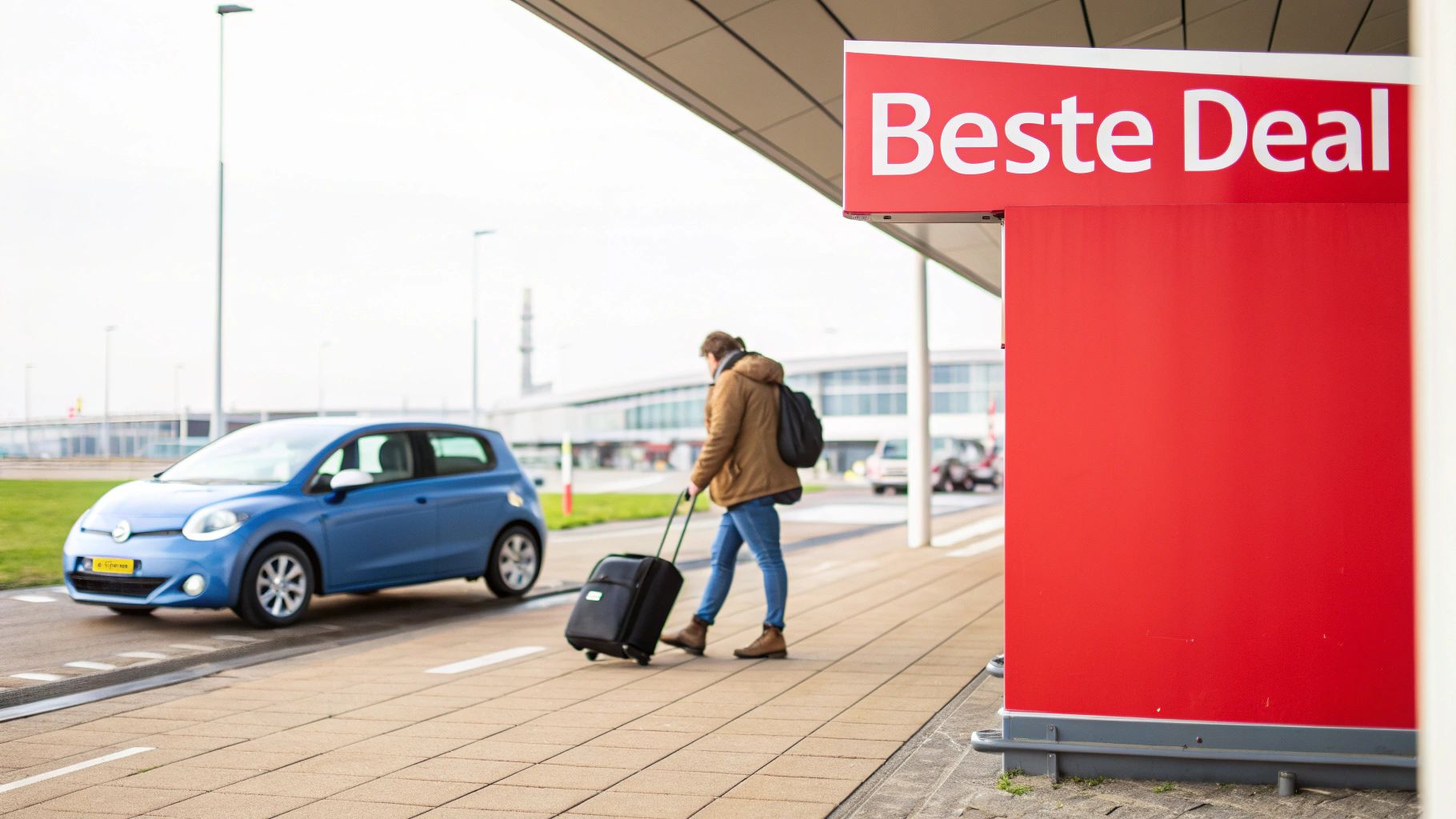 Een persoon met bagage loopt langs een blauwe auto en een rood 'Beste Deal' bord, waarschijnlijk bij een autoverhuur op Schiphol.