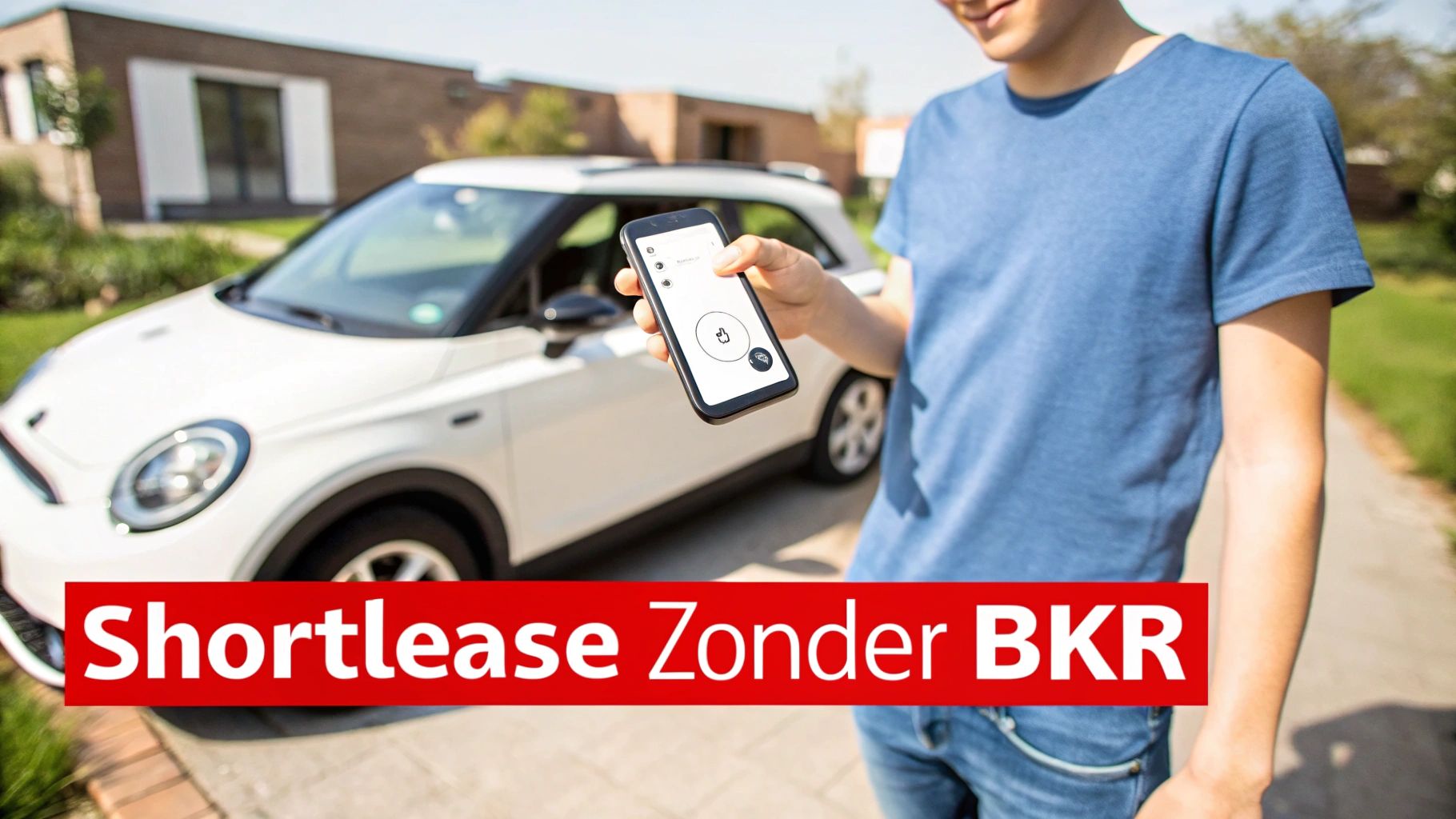Een man bedient een witte auto met een smartphone-app, met de tekst 'Shortlease Zonder BKR' op een rode banner.