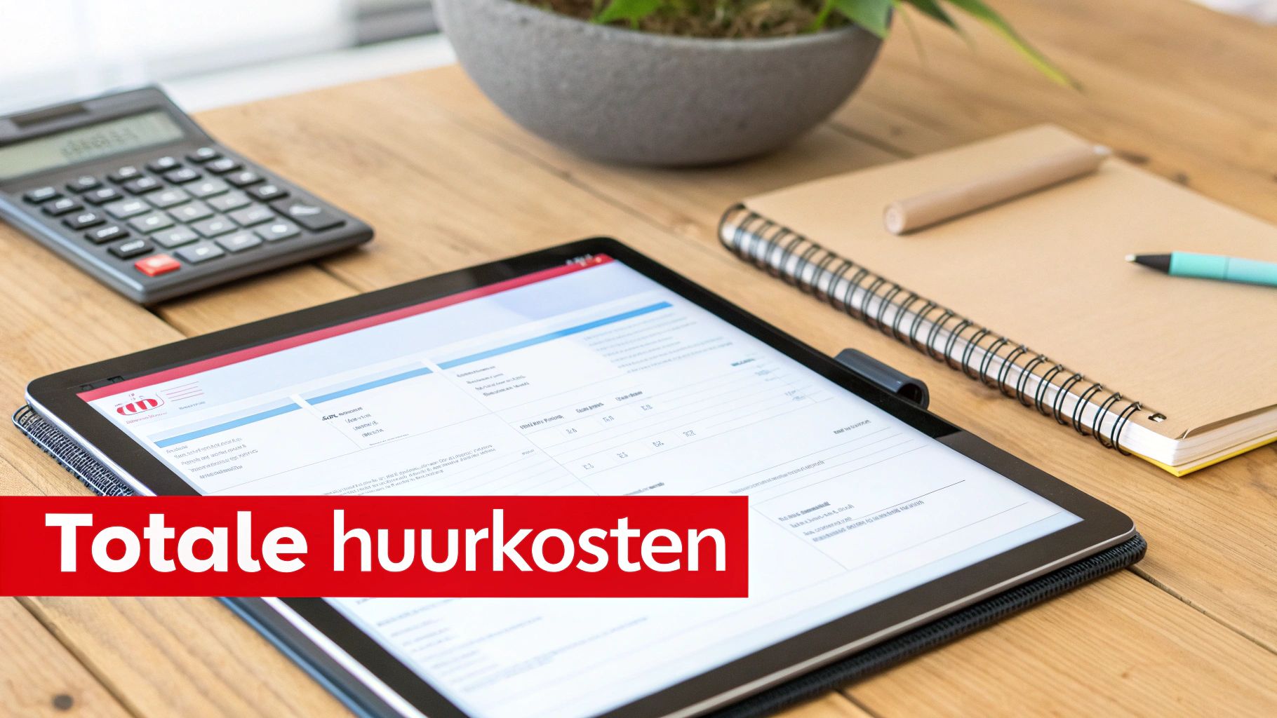 Overzicht van totale huurkosten op een tablet met rekenmachine en notitieboekje op een houten tafel.