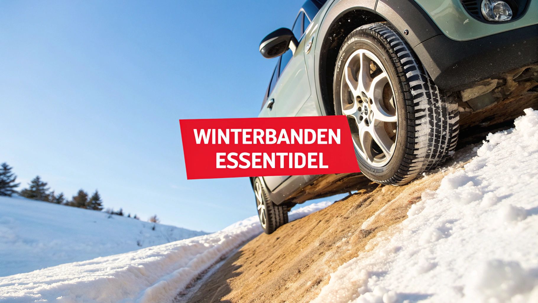Een auto met winterbanden rijdt op een besneeuwde helling met zand en een heldere blauwe lucht.