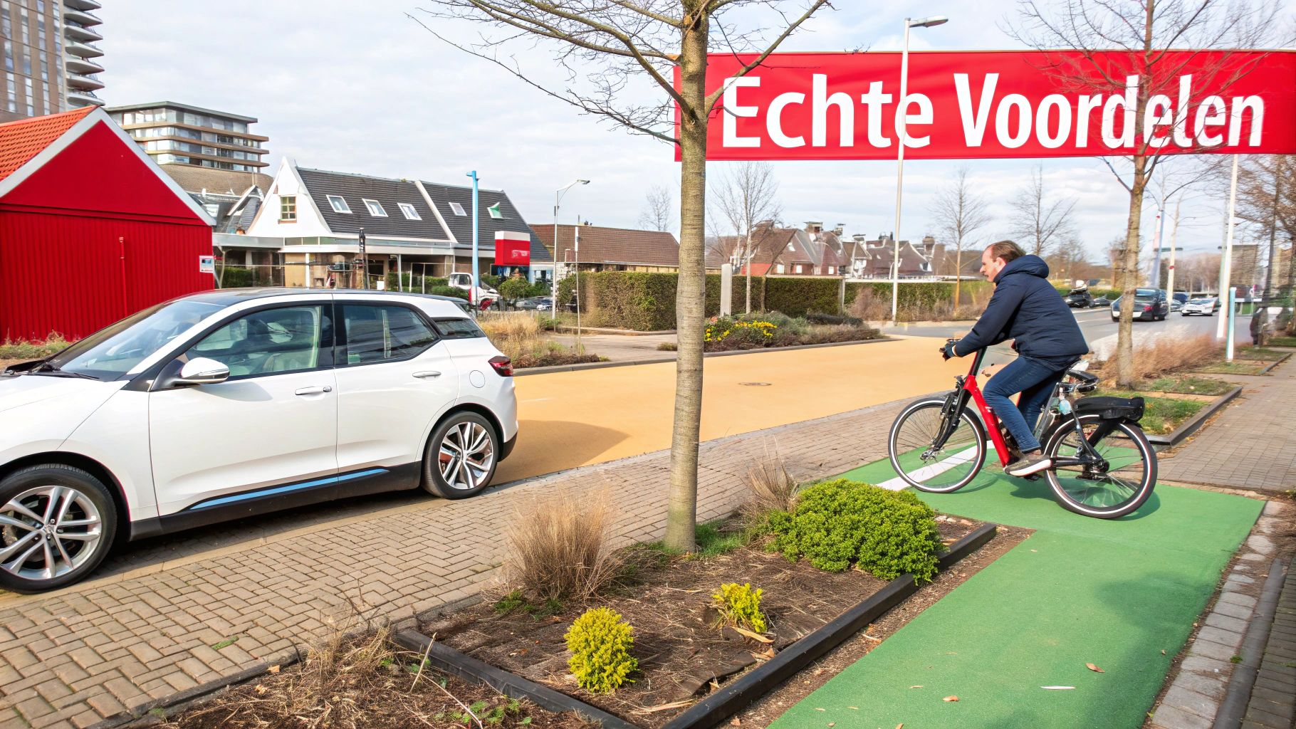 Een man fietst op een groen fietspad, met een witte auto geparkeerd en een rode banner 'Echte Voordelen' op de achtergrond.