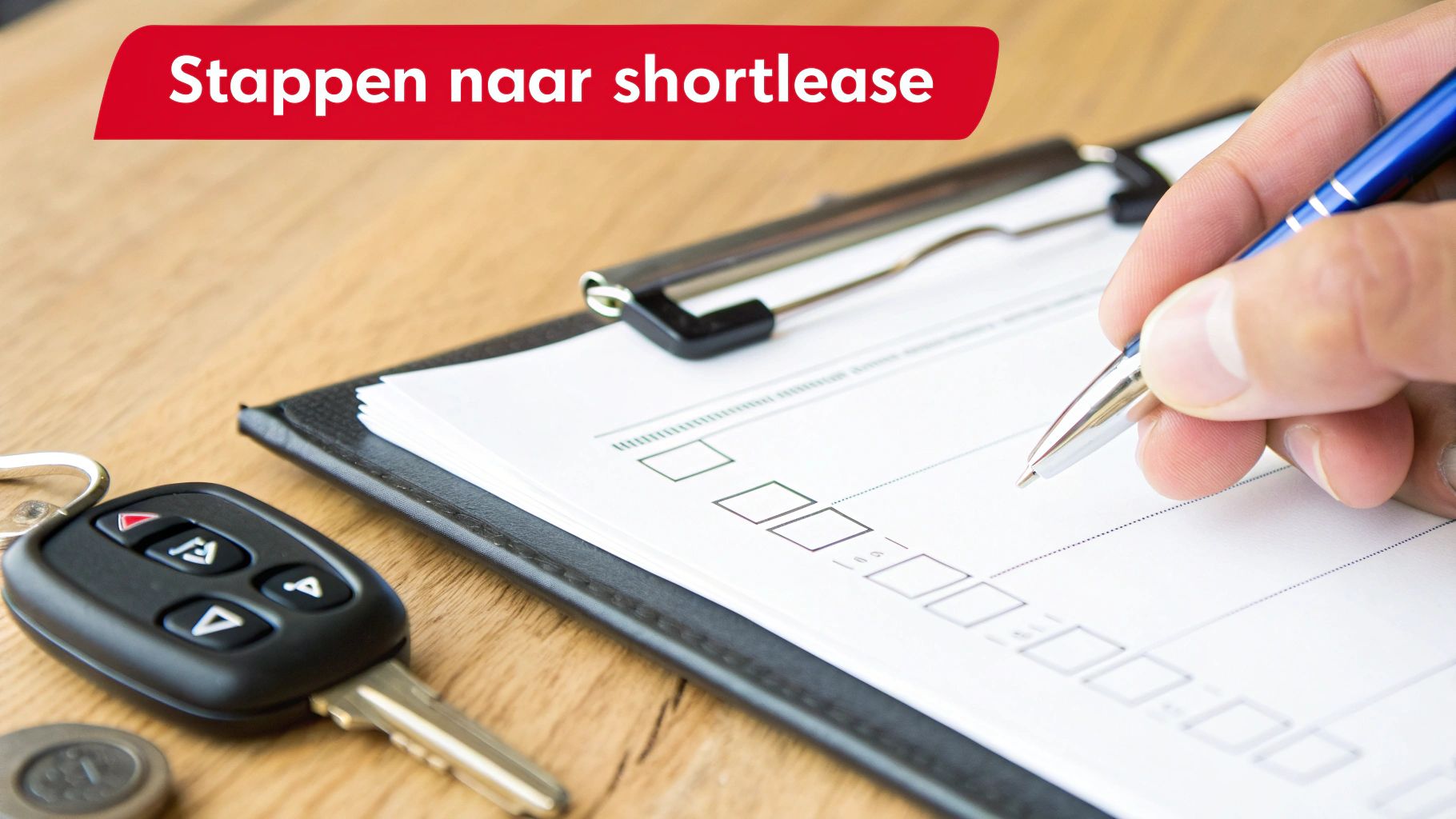 Hand vult een checklist in op een klembord, met autosleutels ernaast. Banner: Stappen naar shortlease.