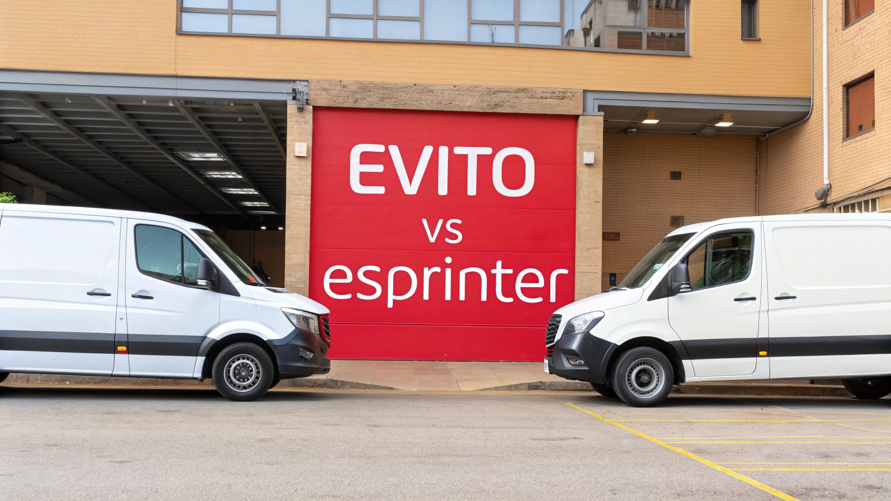 Twee witte elektrische bestelbussen, de EVITO en esprinter, staan geparkeerd voor een vergelijking.