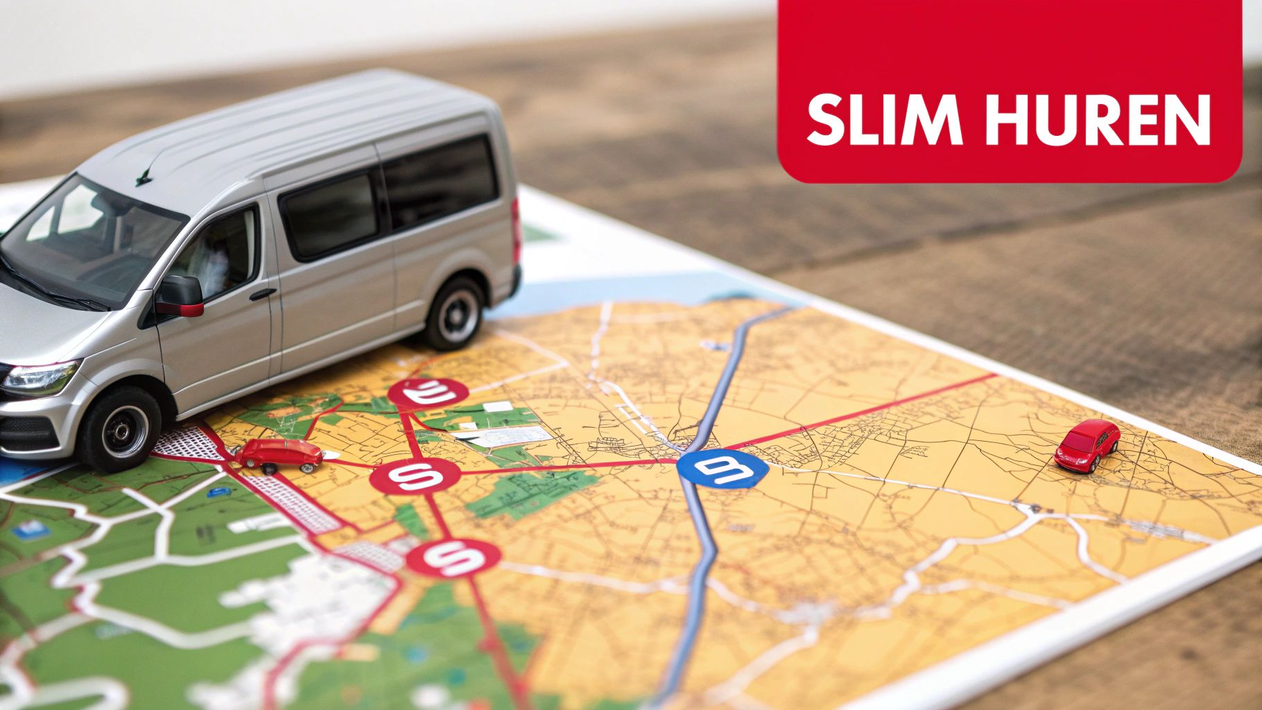 Een zilveren busje en rode speelgoedauto's op een gedetailleerde landkaart, met 'SLIM HUREN' banner.