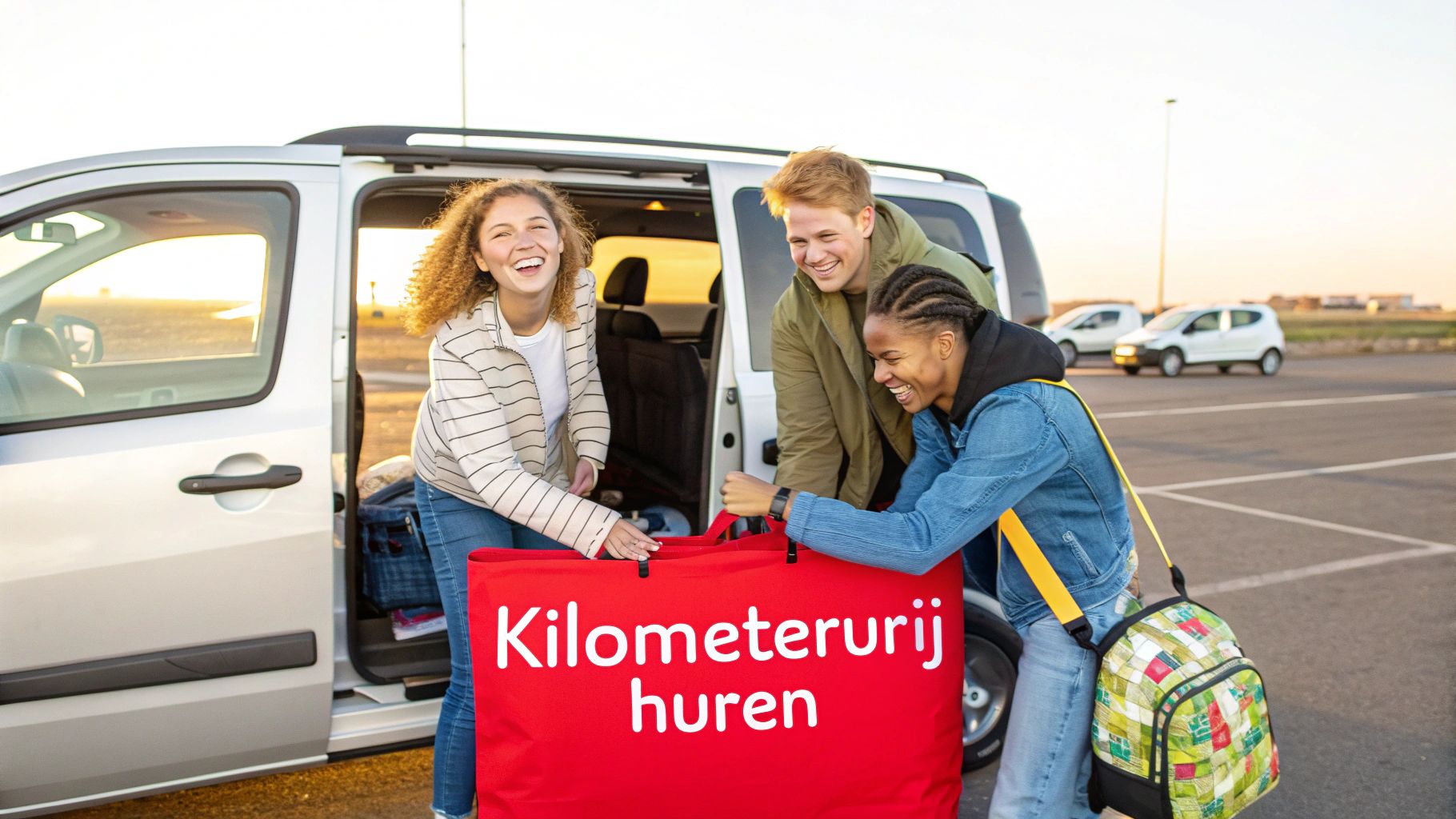 Drie lachende vrienden laden een rode tas met 'Kilometervrij huren' in een busje.