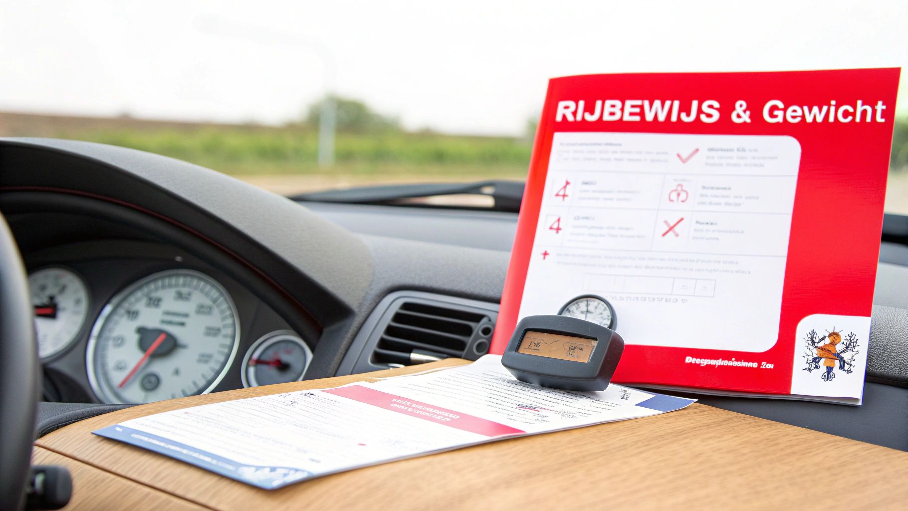 Een rijbewijs brochure en digitale weegschaal op het dashboard van een auto, met documenten en snelheidsmeters zichtbaar.