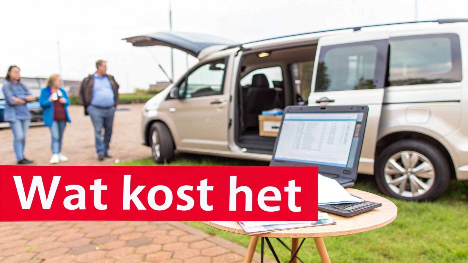 Mensen bij een open busje met een laptop op een tafel en de tekst 'Wat kost het'.