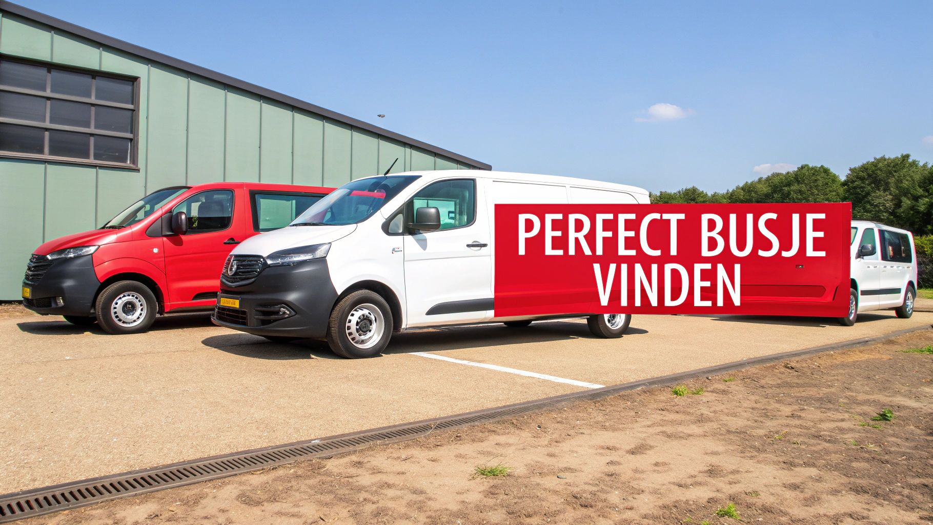 Drie bestelbusjes, waaronder een rode en twee witte, geparkeerd voor een gebouw onder een blauwe lucht, met een banner die zegt "Perfect busje vinden".