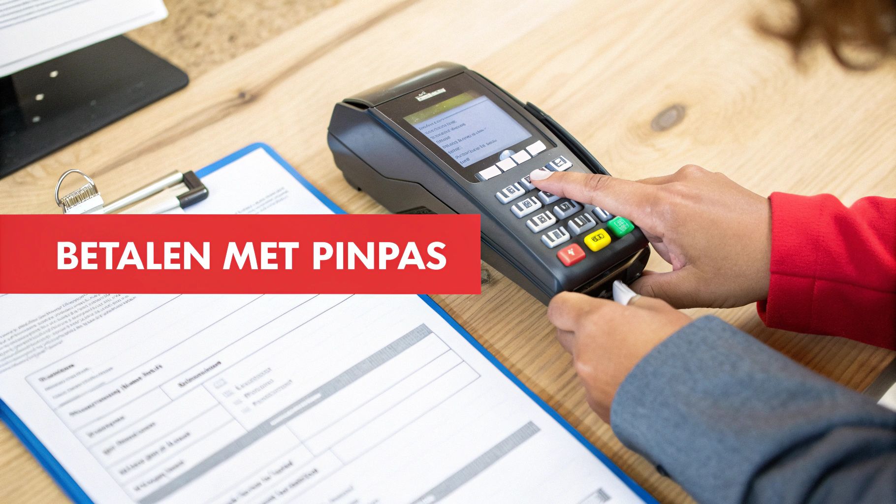 Persoon betaalt met pinpas via een betaalautomaat op een houten tafel, met formulieren ernaast.