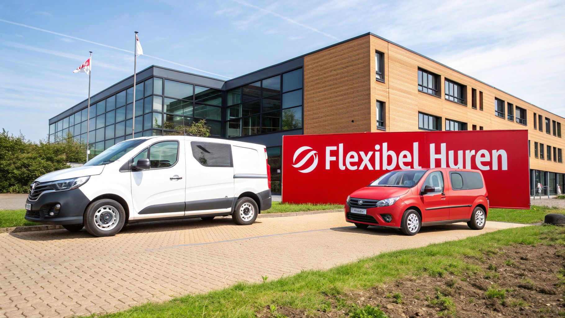 Witte bestelwagen en rode compacte bus geparkeerd voor een modern kantoorgebouw met een rood 'Flexibel Huren' bord.