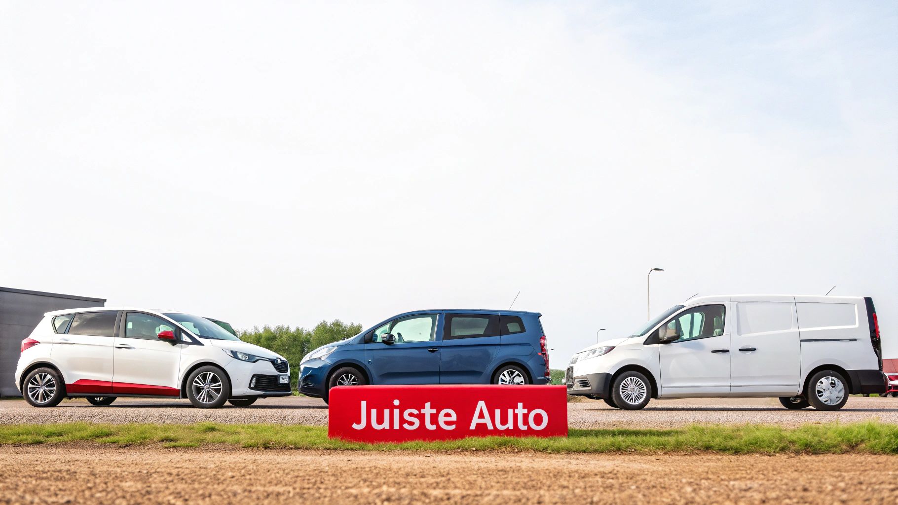 Drie auto's, een witte hatchback, blauwe minivan en witte bestelbus, staan buiten geparkeerd met een 'Juiste Auto' bord.