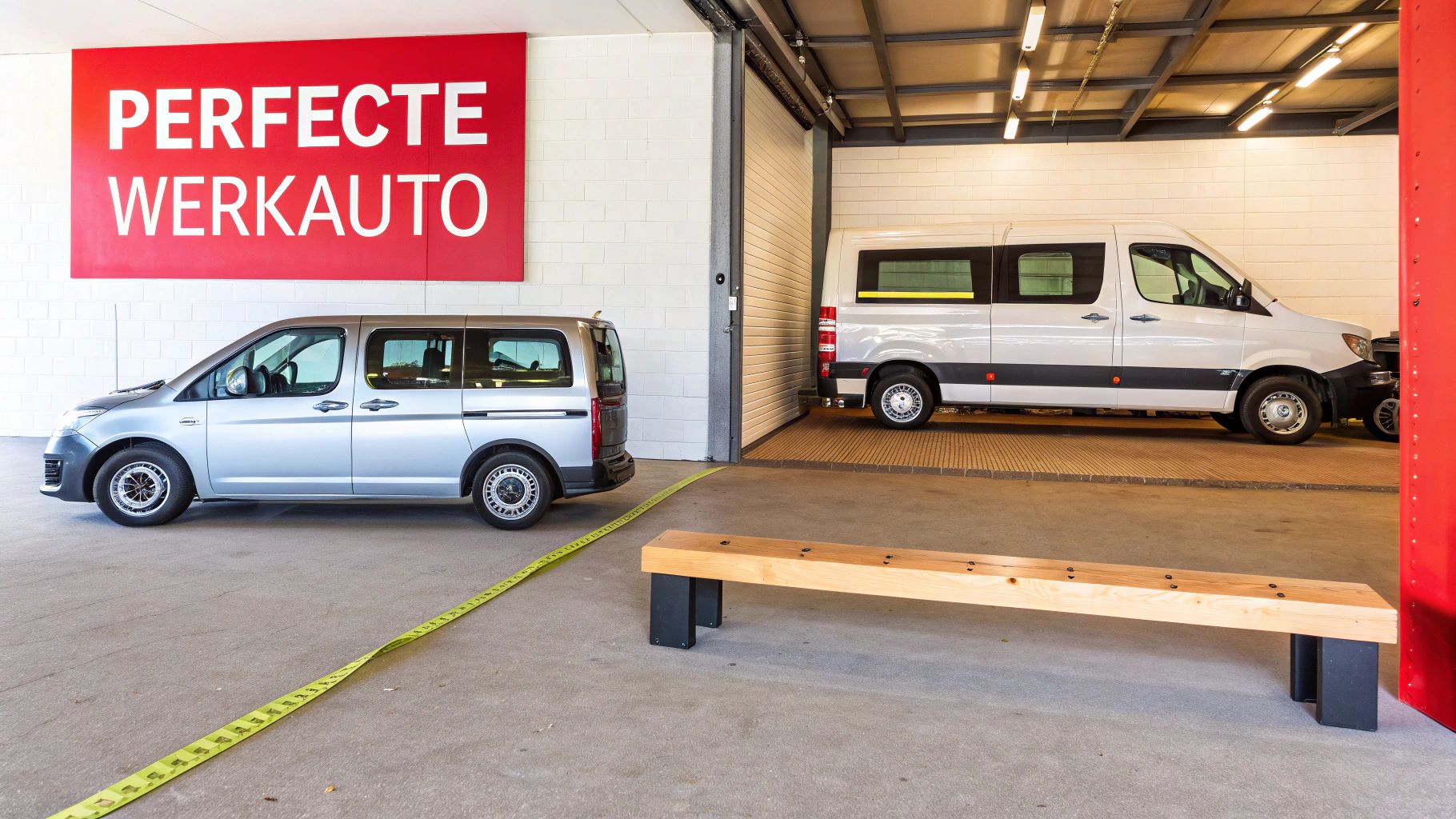 Twee bedrijfswagens, een zilveren en een witte, staan in een garage met een rood bord 'PERFECTE WERKAUTO'.
