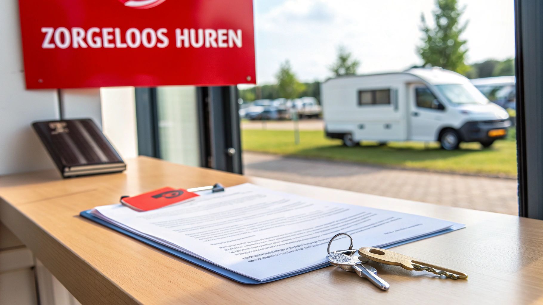 Contracten en sleutels op een bureau, met een bord 'ZORGELOOS HUREN' en een camper op de achtergrond.